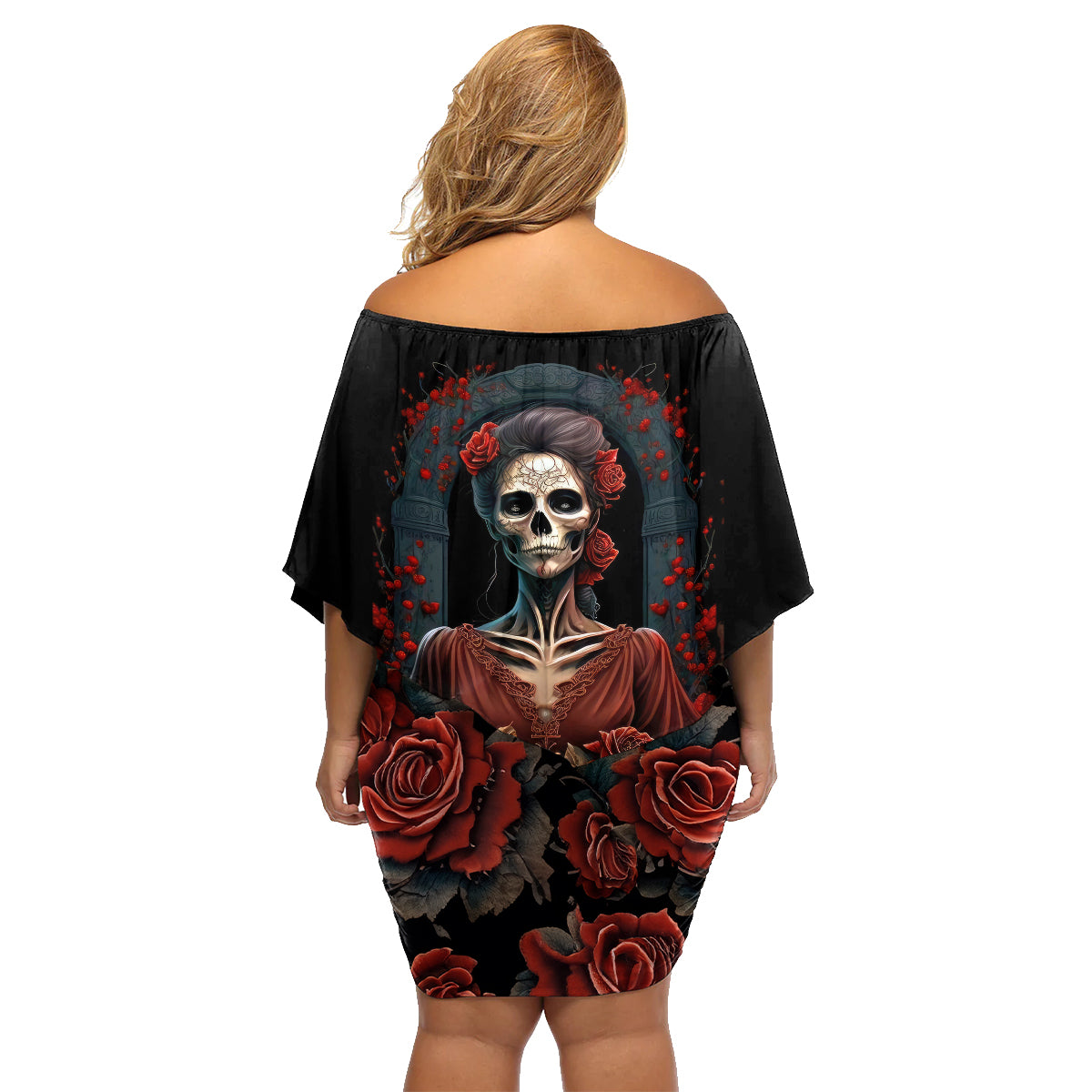 Day of Dead Lady Family Matching Off Shoulder Short Dress and Hawaiian Shirt Sugar Skull Rose Lady - Wonder Print Shop