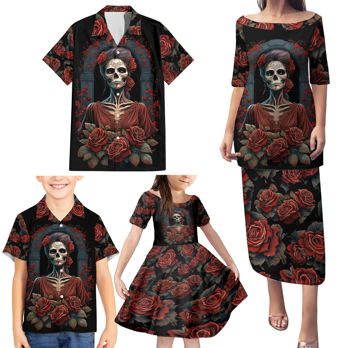 Day of Dead Lady Family Matching Puletasi Dress and Hawaiian Shirt Sugar Skull Rose Lady - Wonder Print Shop