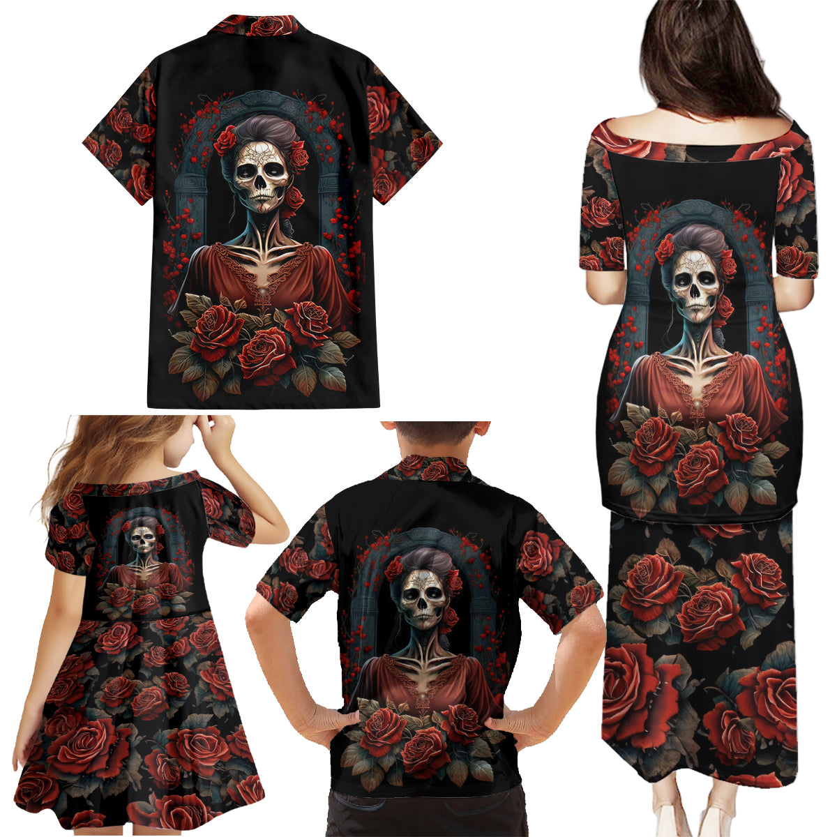 Day of Dead Lady Family Matching Puletasi Dress and Hawaiian Shirt Sugar Skull Rose Lady - Wonder Print Shop