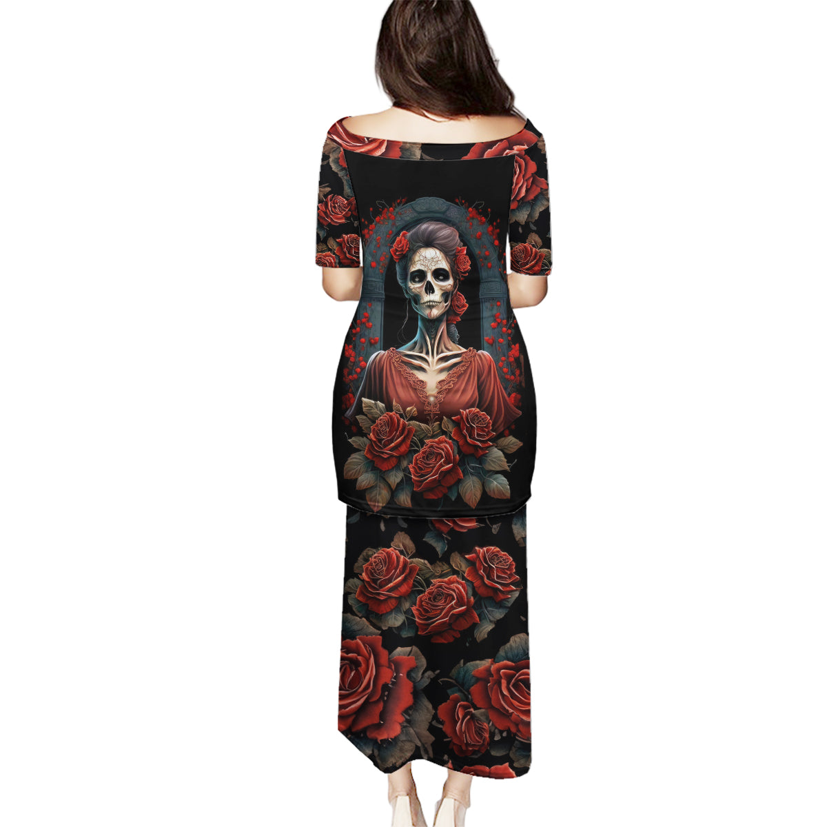 Day of Dead Lady Family Matching Puletasi Dress and Hawaiian Shirt Sugar Skull Rose Lady - Wonder Print Shop
