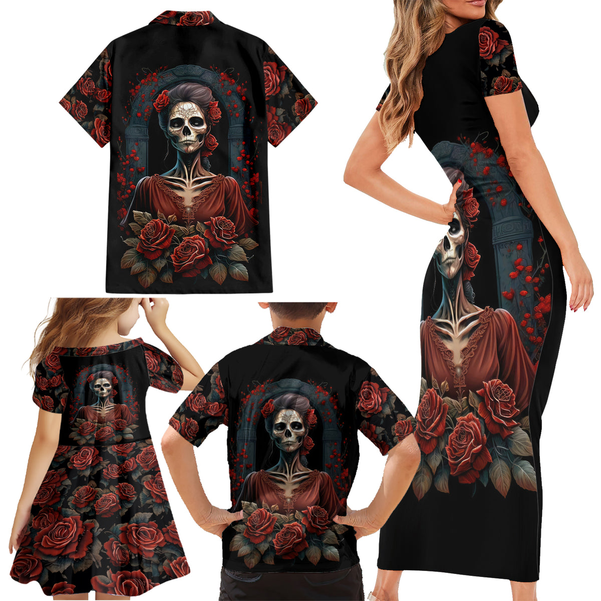 Day of Dead Lady Family Matching Short Sleeve Bodycon Dress and Hawaiian Shirt Sugar Skull Rose Lady - Wonder Print Shop