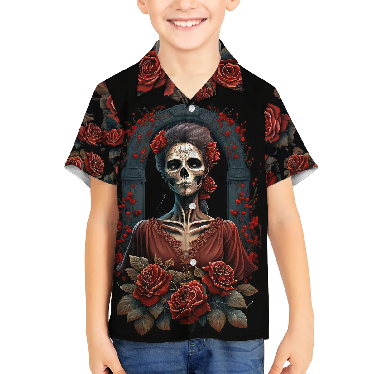 Day of Dead Lady Family Matching Short Sleeve Bodycon Dress and Hawaiian Shirt Sugar Skull Rose Lady - Wonder Print Shop