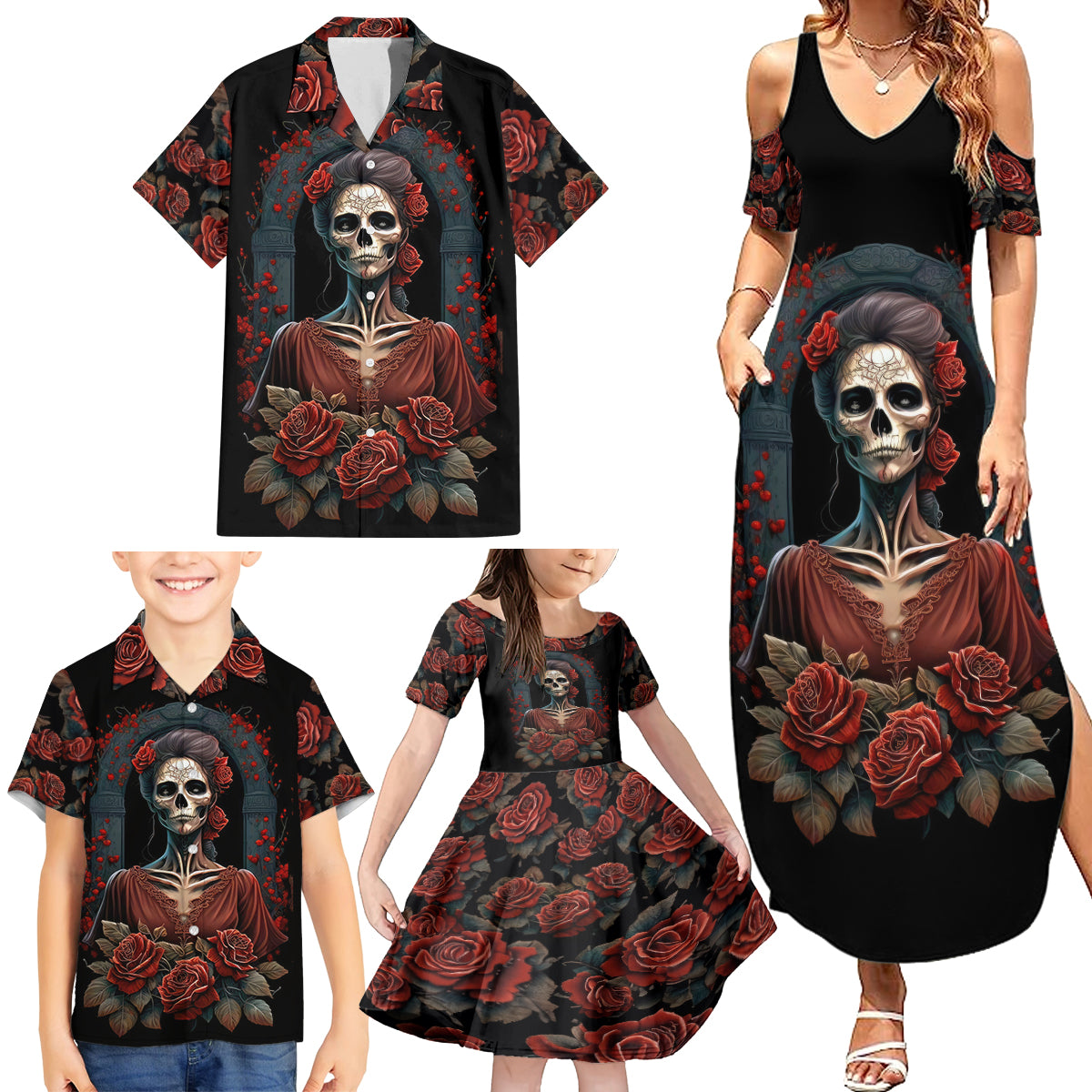 Day of Dead Lady Family Matching Summer Maxi Dress and Hawaiian Shirt Sugar Skull Rose Lady - Wonder Print Shop