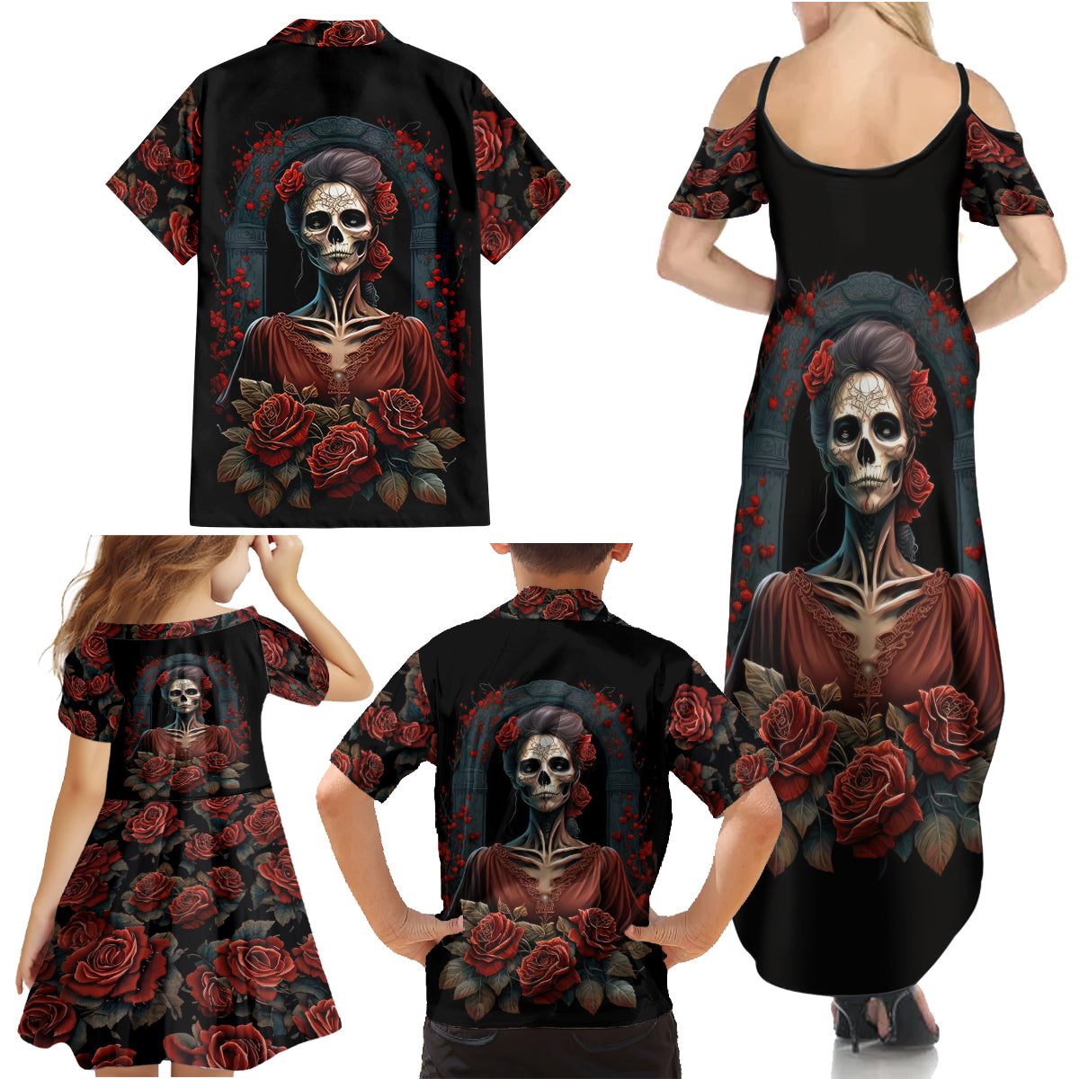 Day of Dead Lady Family Matching Summer Maxi Dress and Hawaiian Shirt Sugar Skull Rose Lady - Wonder Print Shop