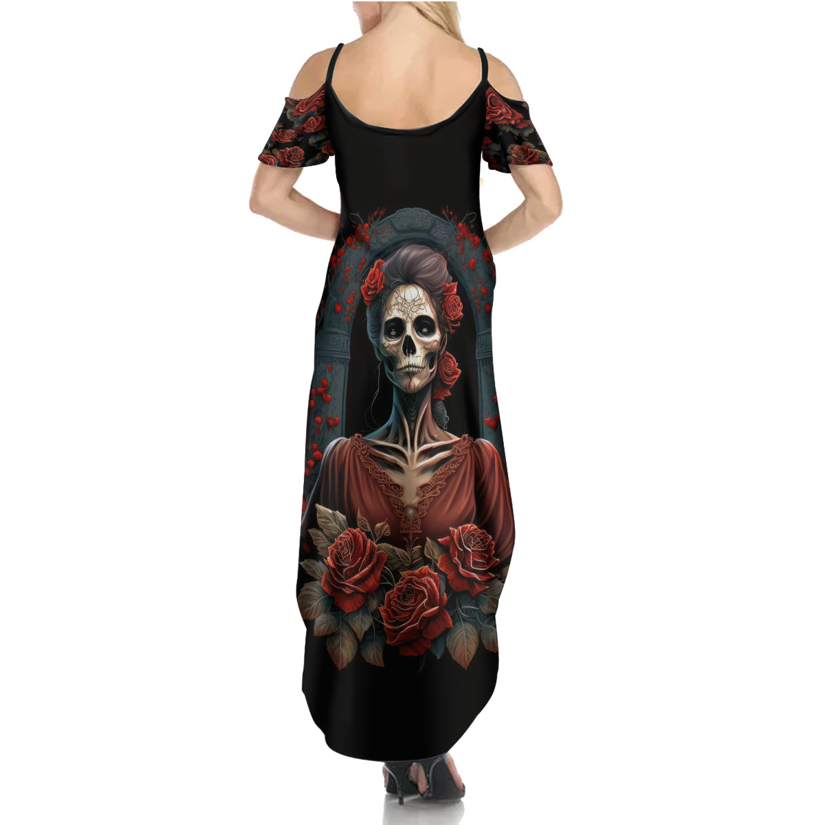Day of Dead Lady Family Matching Summer Maxi Dress and Hawaiian Shirt Sugar Skull Rose Lady - Wonder Print Shop