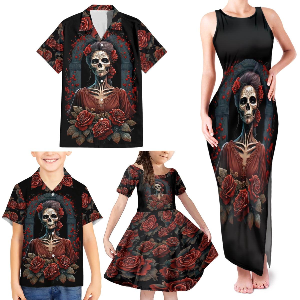 Day of Dead Lady Family Matching Tank Maxi Dress and Hawaiian Shirt Sugar Skull Rose Lady - Wonder Print Shop
