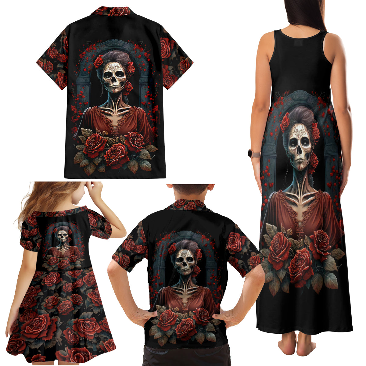 Day of Dead Lady Family Matching Tank Maxi Dress and Hawaiian Shirt Sugar Skull Rose Lady - Wonder Print Shop