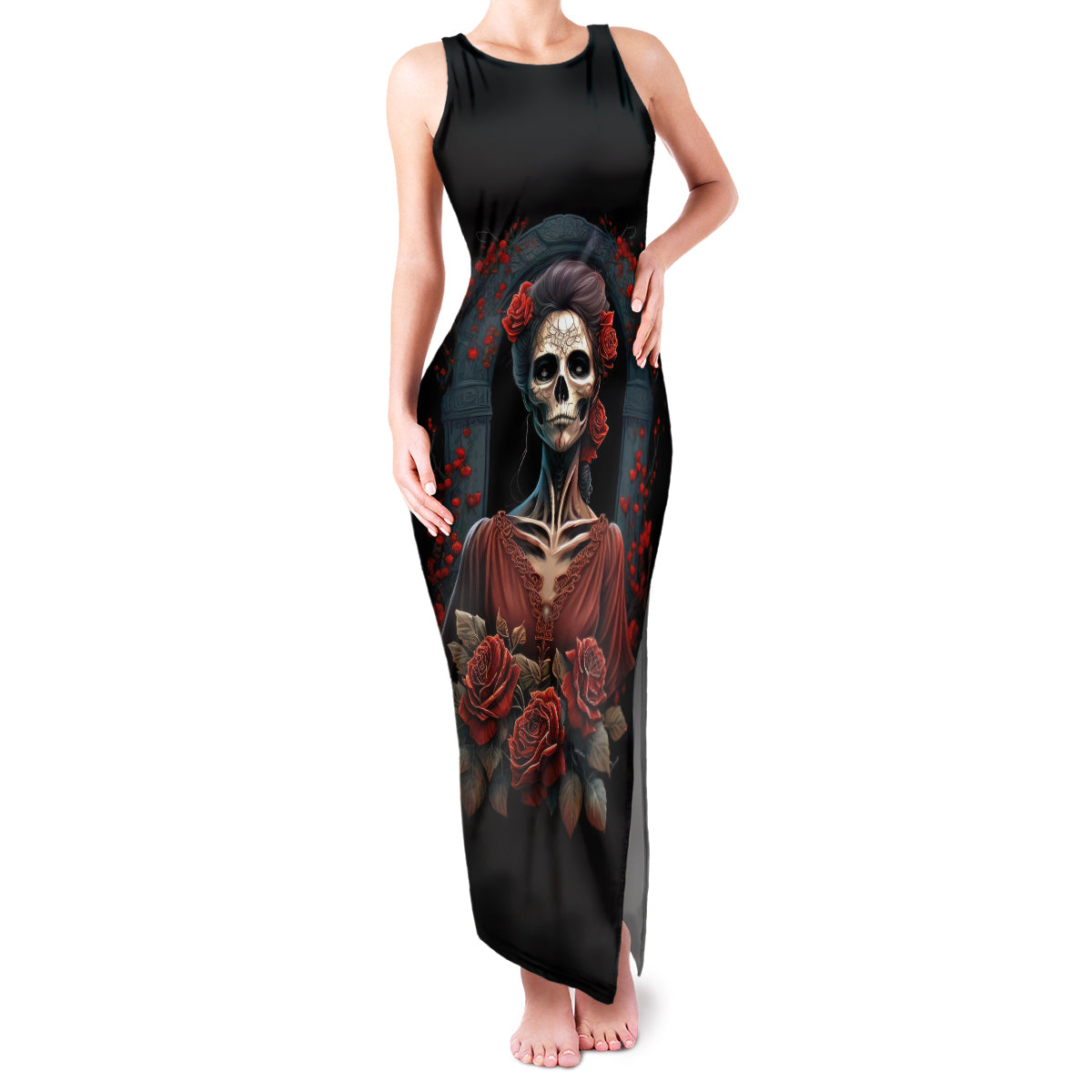 Day of Dead Lady Family Matching Tank Maxi Dress and Hawaiian Shirt Sugar Skull Rose Lady - Wonder Print Shop