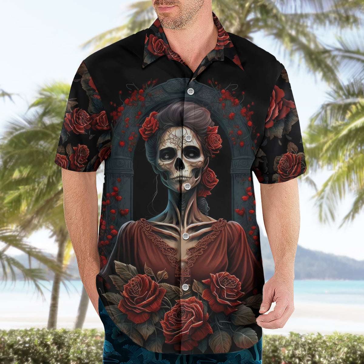 Day of Dead Lady Hawaiian Shirt Sugar Skull Rose Lady - Wonder Print Shop