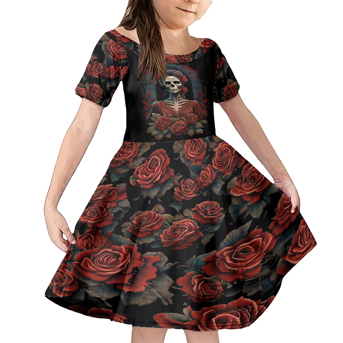Day of Dead Lady Kid Short Sleeve Dress Sugar Skull Rose Lady - Wonder Print Shop
