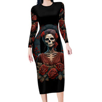 Day of Dead Lady Long Sleeve Bodycon Dress Sugar Skull Rose Lady - Wonder Print Shop