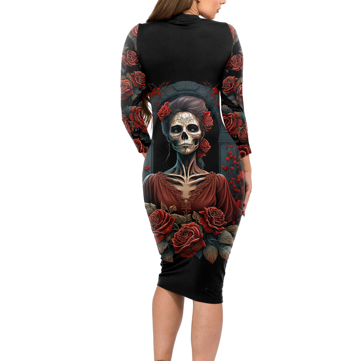 Day of Dead Lady Long Sleeve Bodycon Dress Sugar Skull Rose Lady - Wonder Print Shop