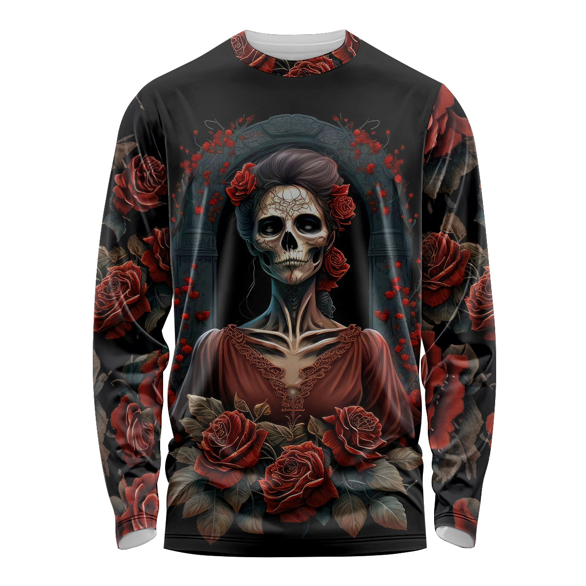 Day of Dead Lady Long Sleeve Shirt Sugar Skull Rose Lady - Wonder Print Shop