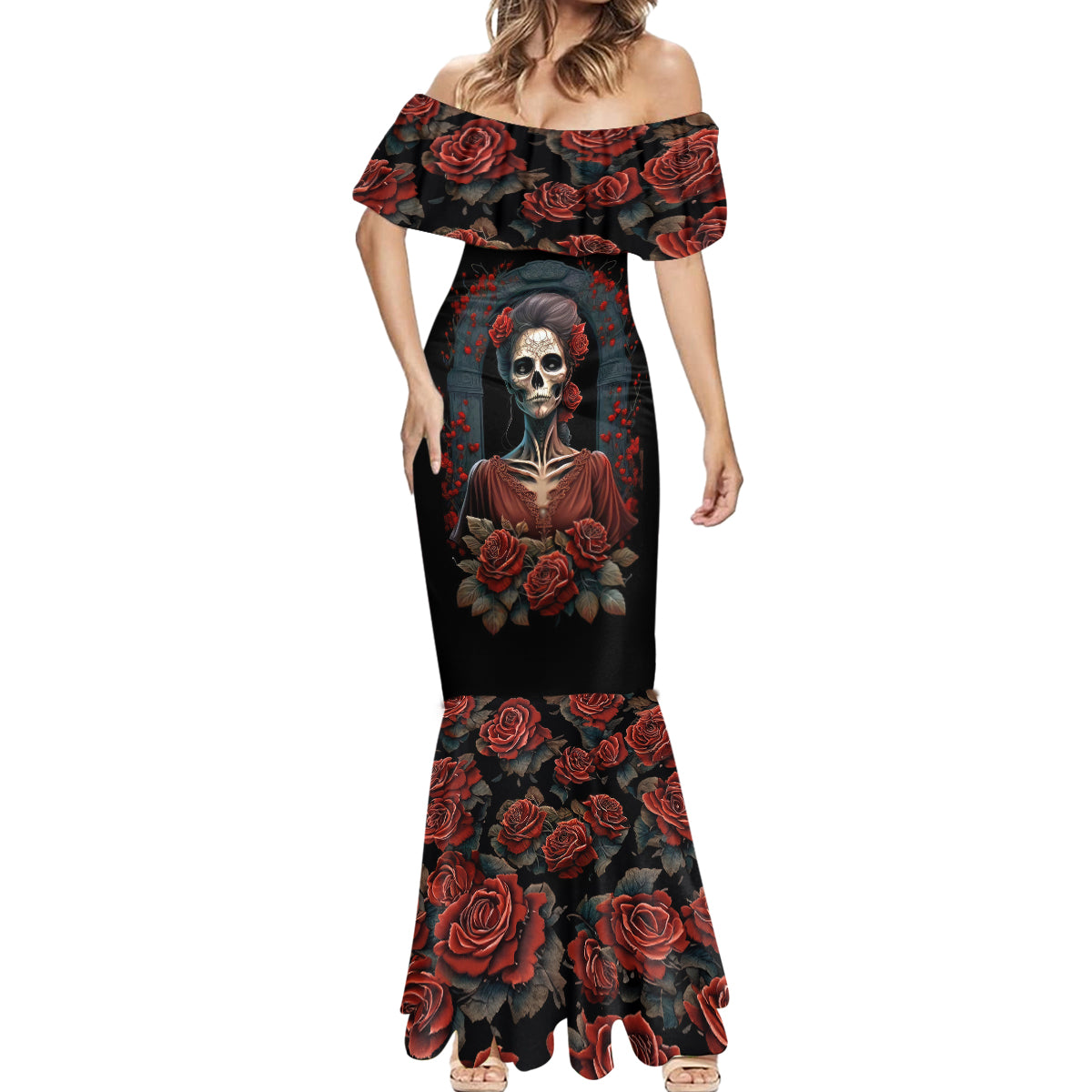 Day of Dead Lady Mermaid Dress Sugar Skull Rose Lady - Wonder Print Shop