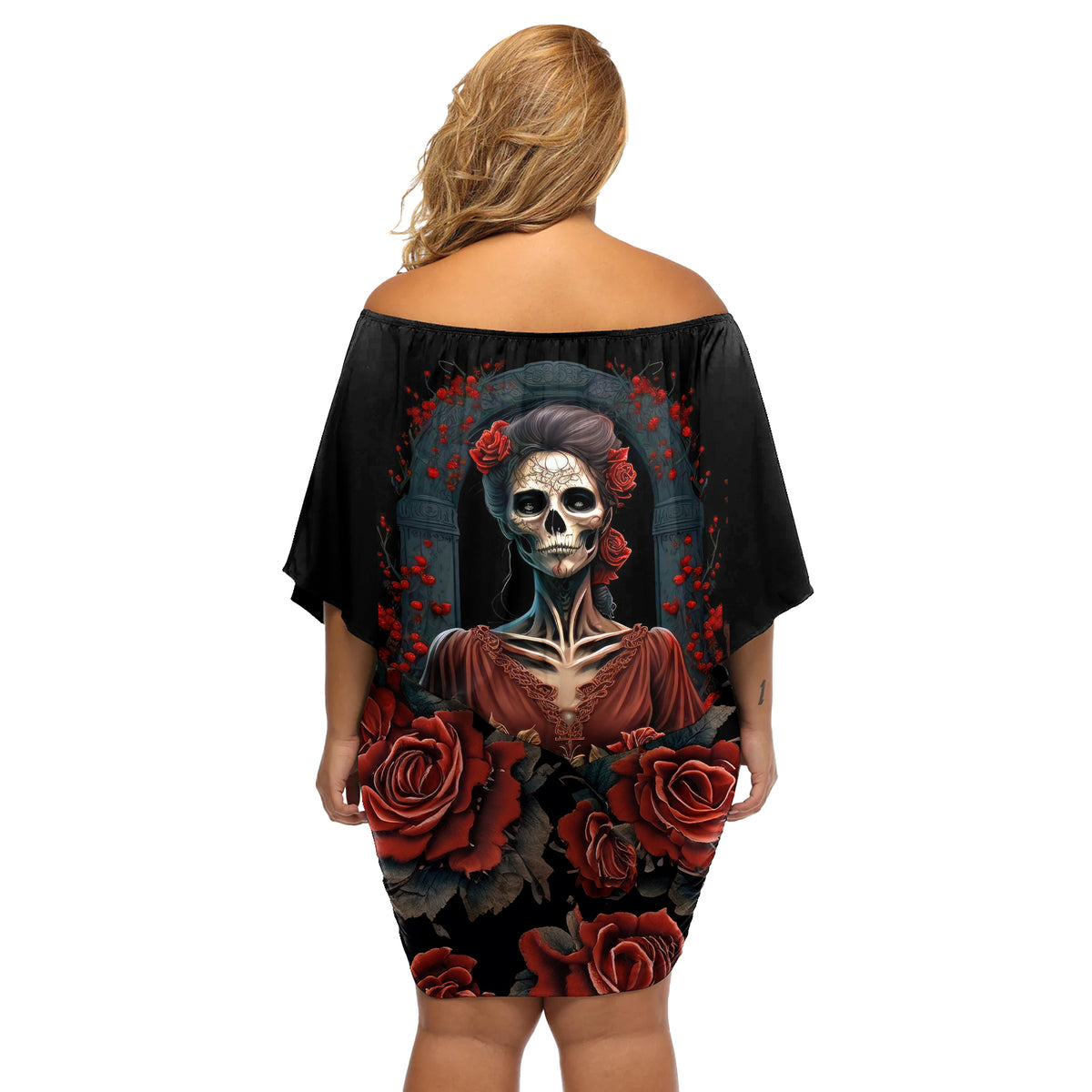 Day of Dead Lady Off Shoulder Short Dress Sugar Skull Rose Lady - Wonder Print Shop