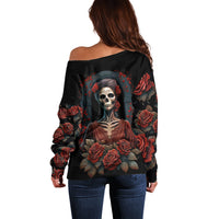Day of Dead Lady Off Shoulder Sweater Sugar Skull Rose Lady - Wonder Print Shop