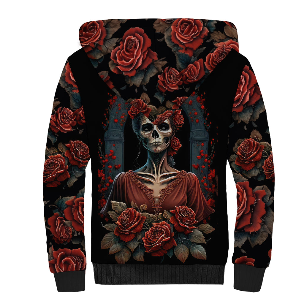 Day of Dead Lady Sherpa Hoodie Sugar Skull Rose Lady - Wonder Print Shop