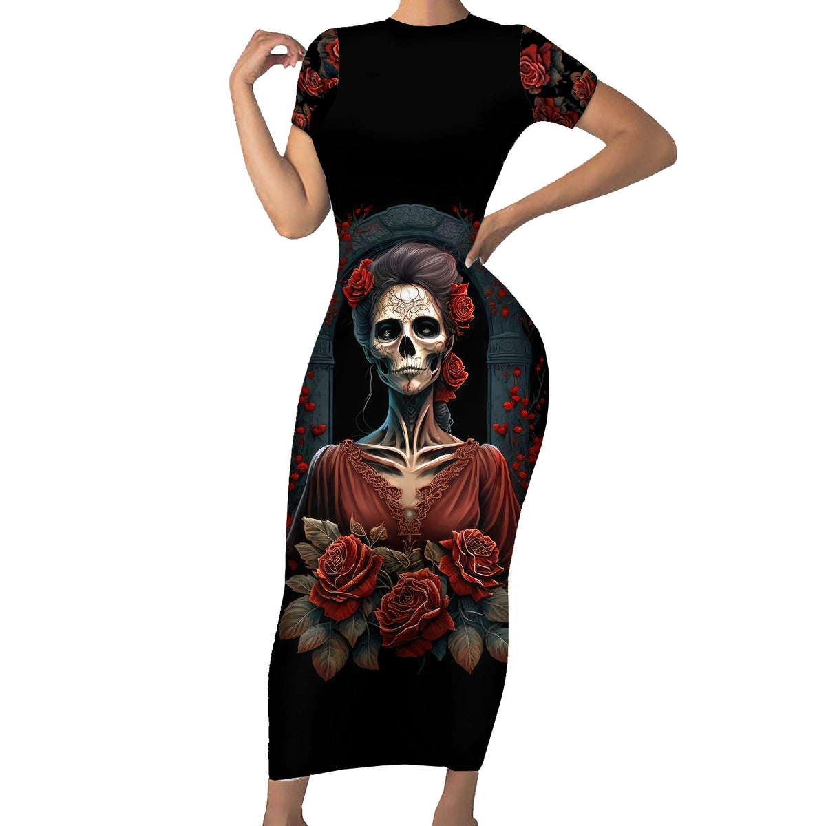 Day of Dead Lady Short Sleeve Bodycon Dress Sugar Skull Rose Lady - Wonder Print Shop