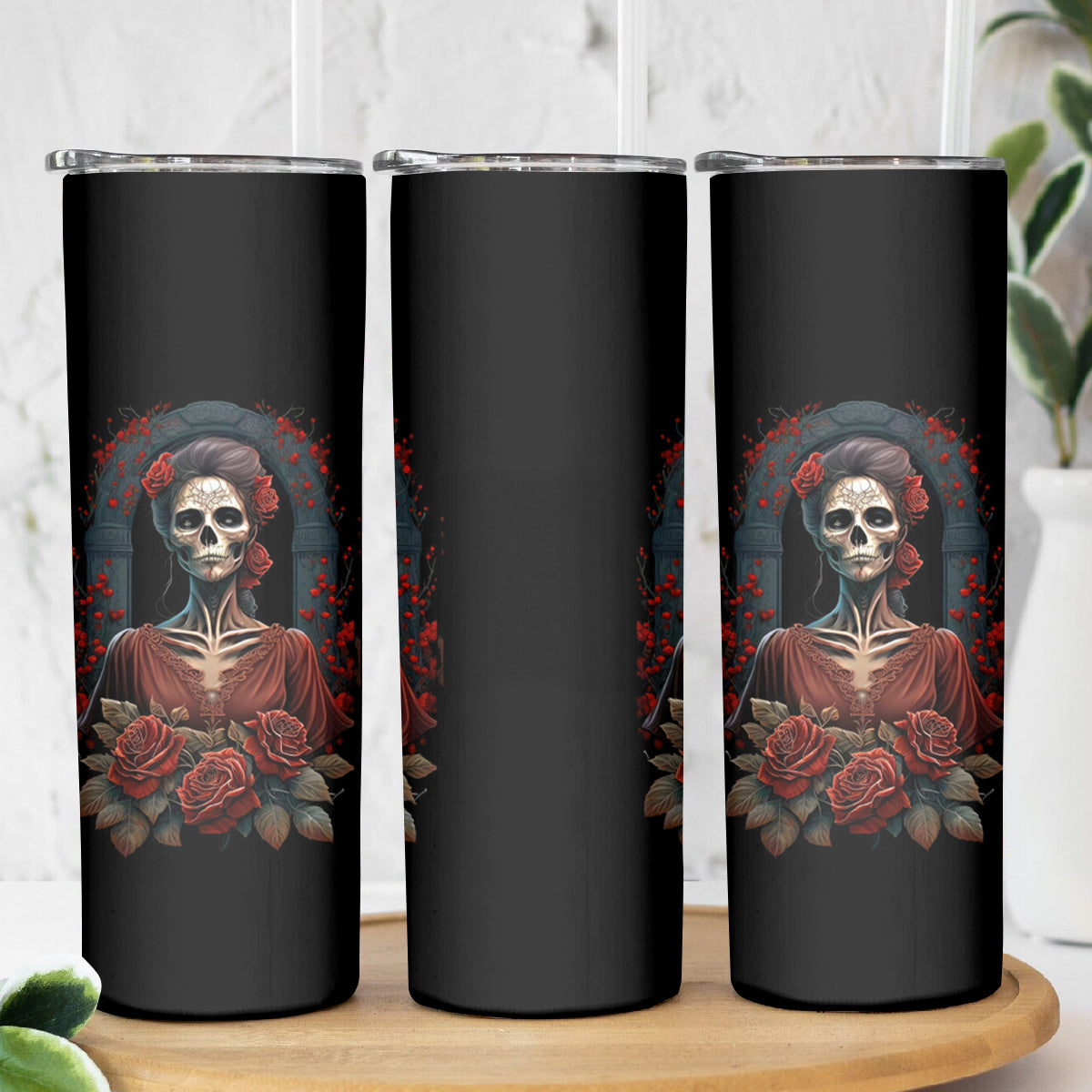 Day of Dead Lady Skinny Tumbler Sugar Skull Rose Lady - Wonder Print Shop