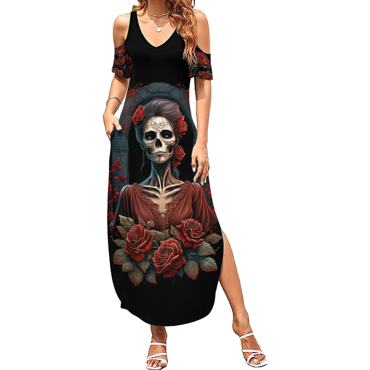 Day of Dead Lady Summer Maxi Dress Sugar Skull Rose Lady - Wonder Print Shop