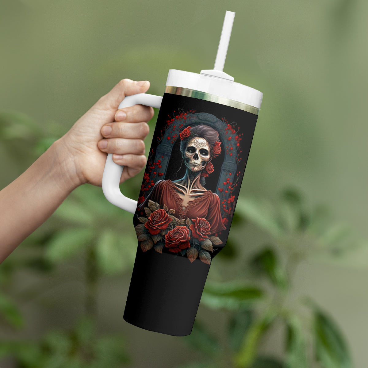 Day of Dead Lady Tumbler With Handle Sugar Skull Rose Lady - Wonder Print Shop