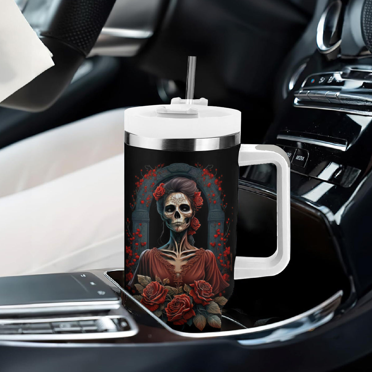 Day of Dead Lady Tumbler With Handle Sugar Skull Rose Lady - Wonder Print Shop