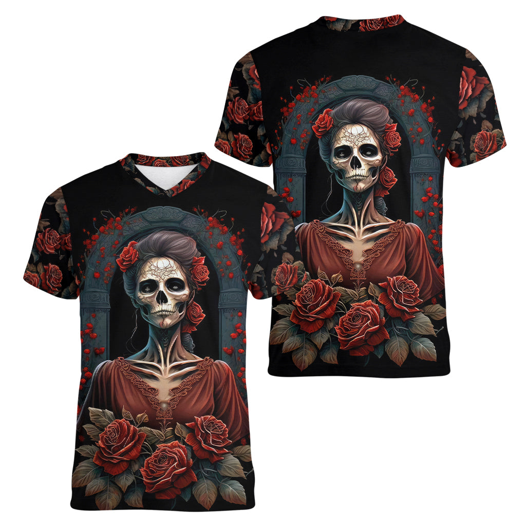 Day of Dead Lady Women V Neck T Shirt Sugar Skull Rose Lady - Wonder Print Shop