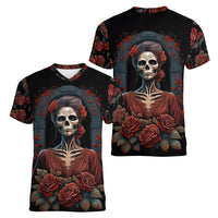 Day of Dead Lady Women V Neck T Shirt Sugar Skull Rose Lady - Wonder Print Shop