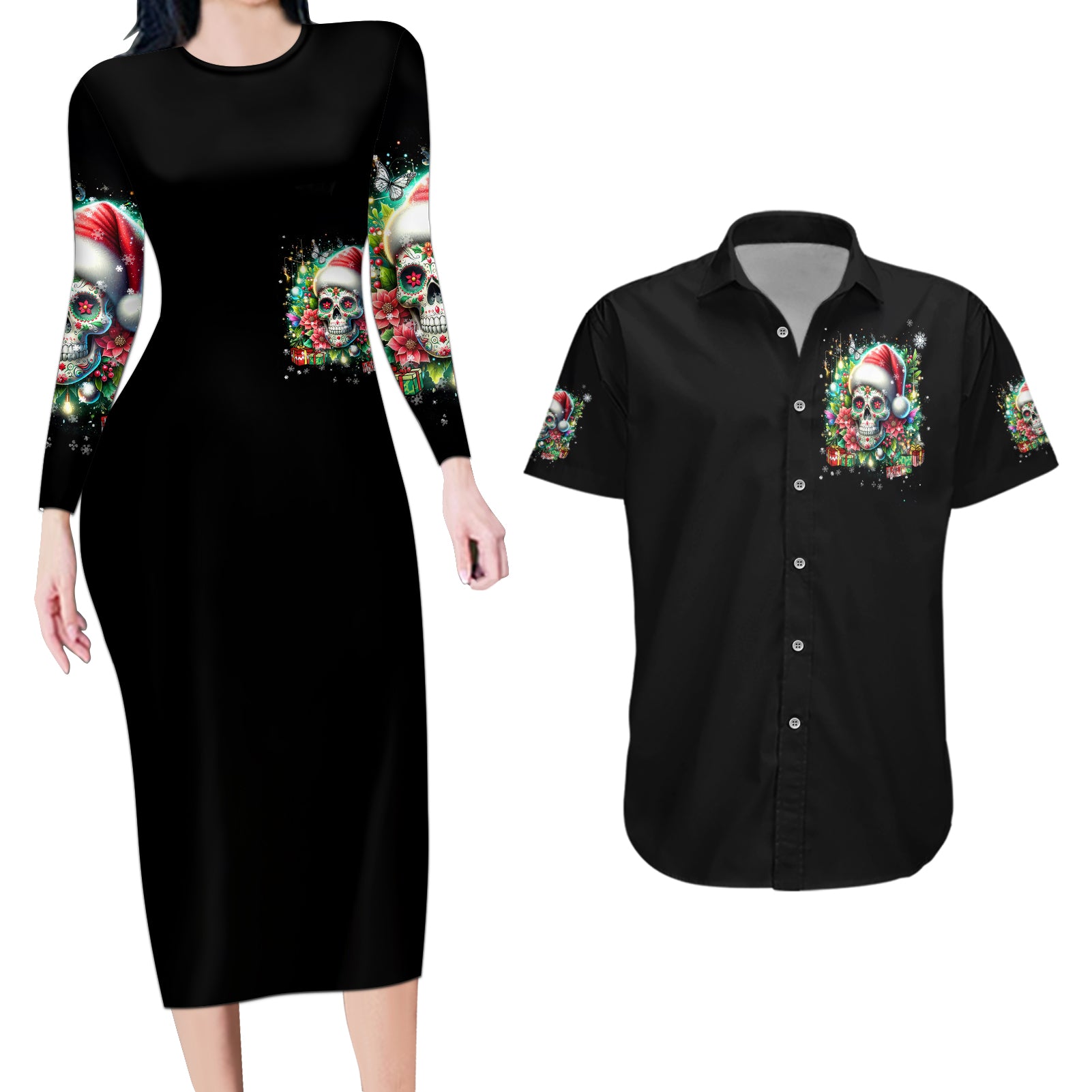 Christmas Skull Couples Matching Long Sleeve Bodycon Dress and Hawaiian Shirt On The Naughty List I Regret Nothing - Wonder Print Shop