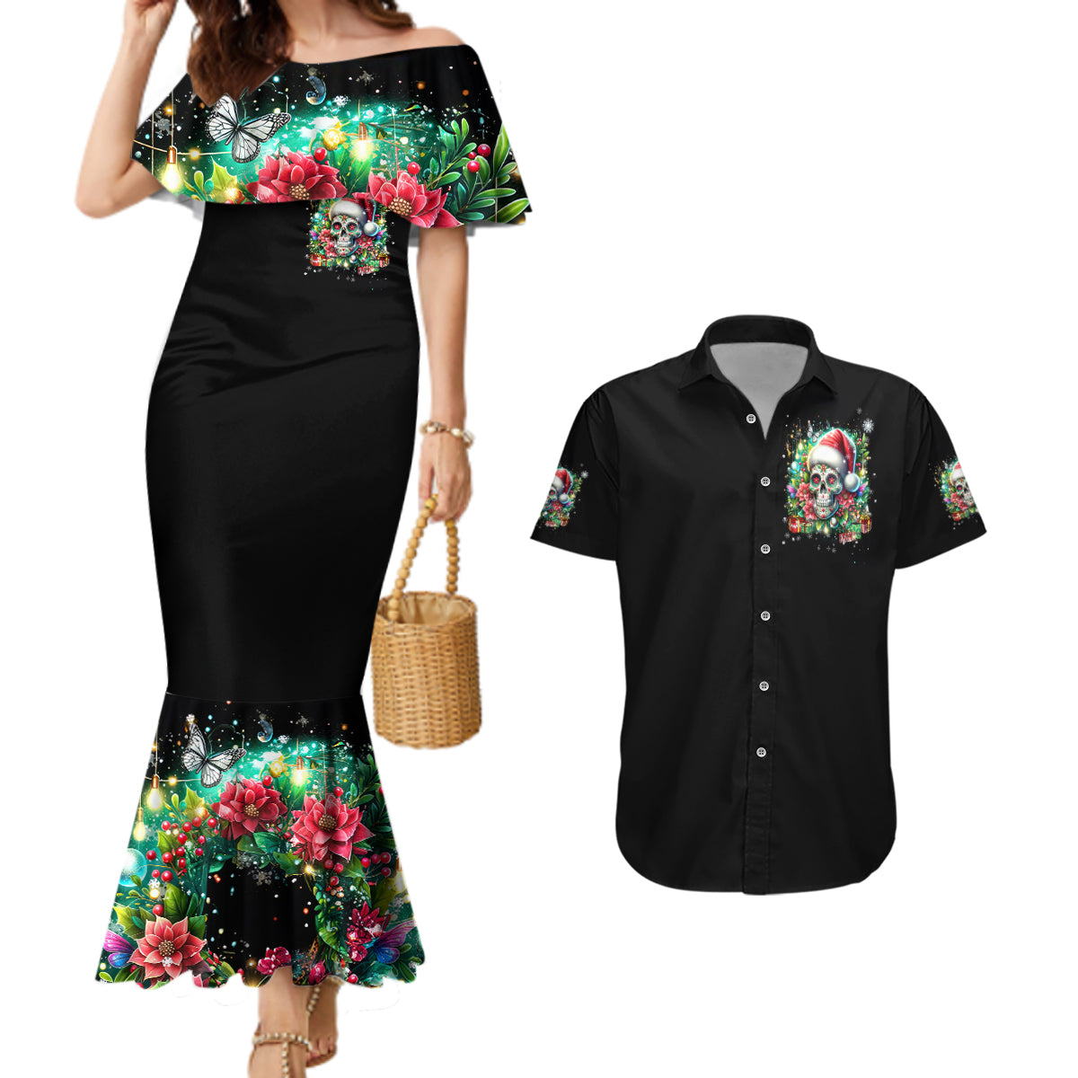 Christmas Skull Couples Matching Mermaid Dress and Hawaiian Shirt On The Naughty List I Regret Nothing - Wonder Print Shop