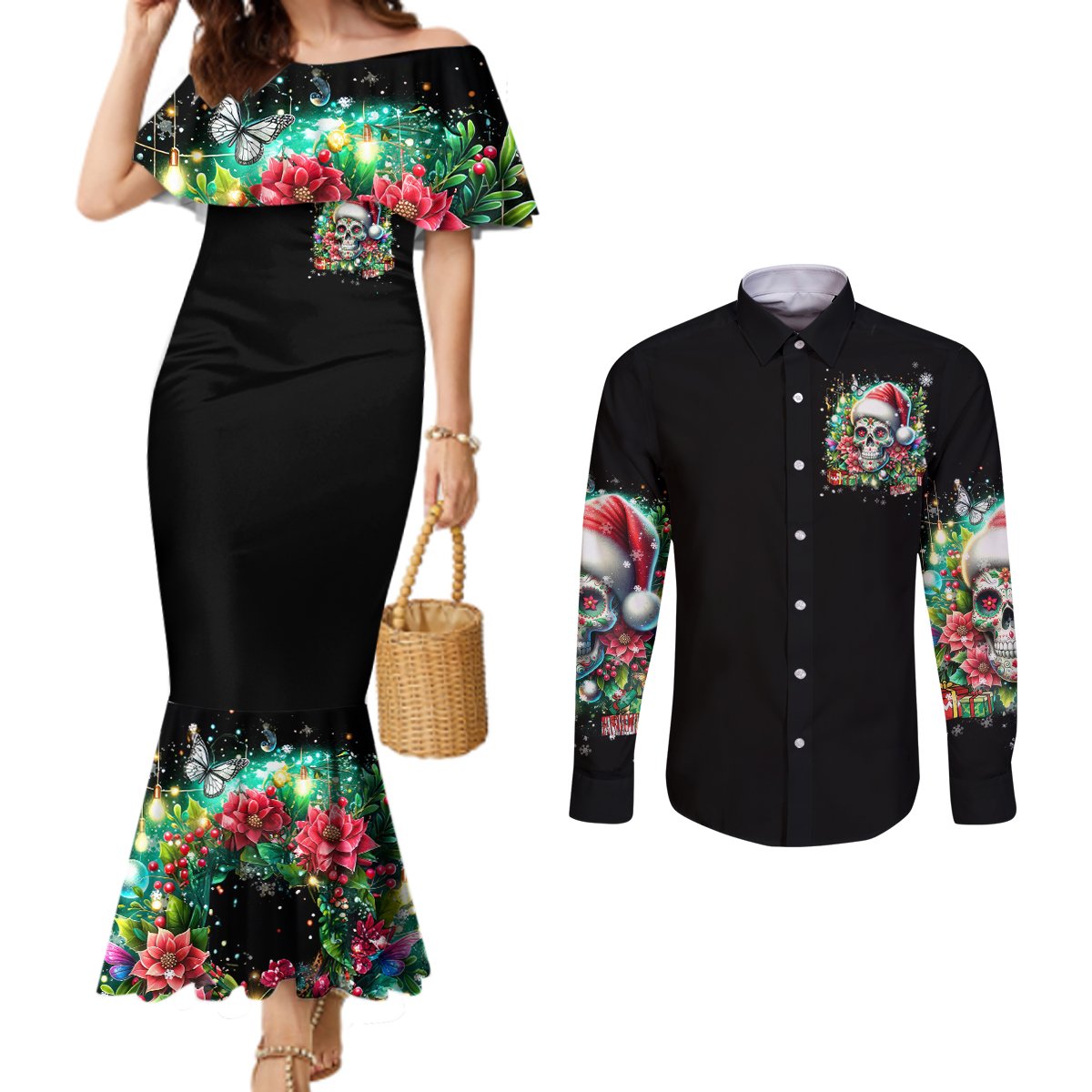 christmas-skull-couples-matching-mermaid-dress-and-long-sleeve-button-shirt-on-the-naughty-list-i-regret-nothing