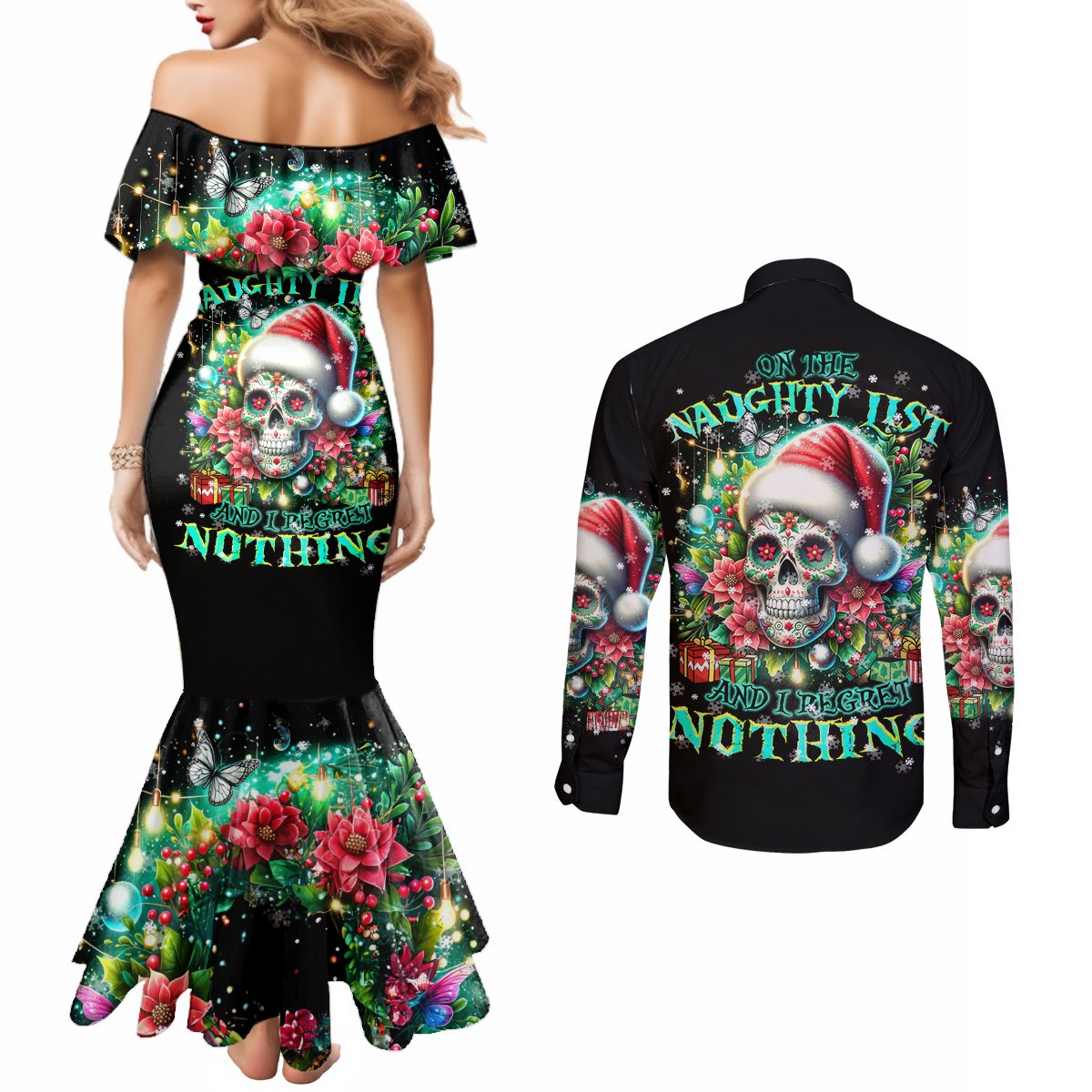 christmas-skull-couples-matching-mermaid-dress-and-long-sleeve-button-shirt-on-the-naughty-list-i-regret-nothing