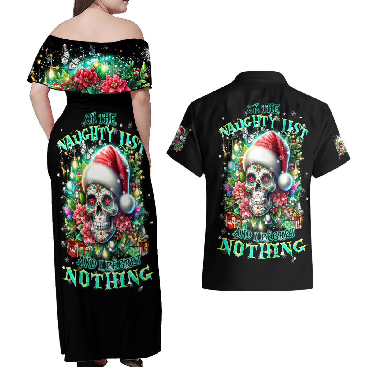 Christmas Skull Couples Matching Off Shoulder Maxi Dress and Hawaiian Shirt On The Naughty List I Regret Nothing - Wonder Print Shop