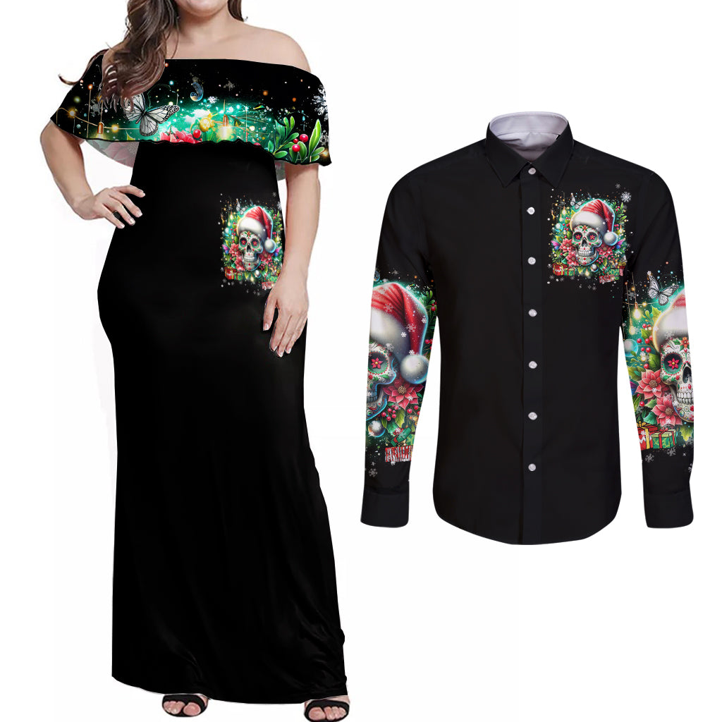 Christmas Skull Couples Matching Off Shoulder Maxi Dress and Long Sleeve Button Shirt On The Naughty List I Regret Nothing - Wonder Print Shop