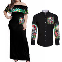 Christmas Skull Couples Matching Off Shoulder Maxi Dress and Long Sleeve Button Shirt On The Naughty List I Regret Nothing - Wonder Print Shop