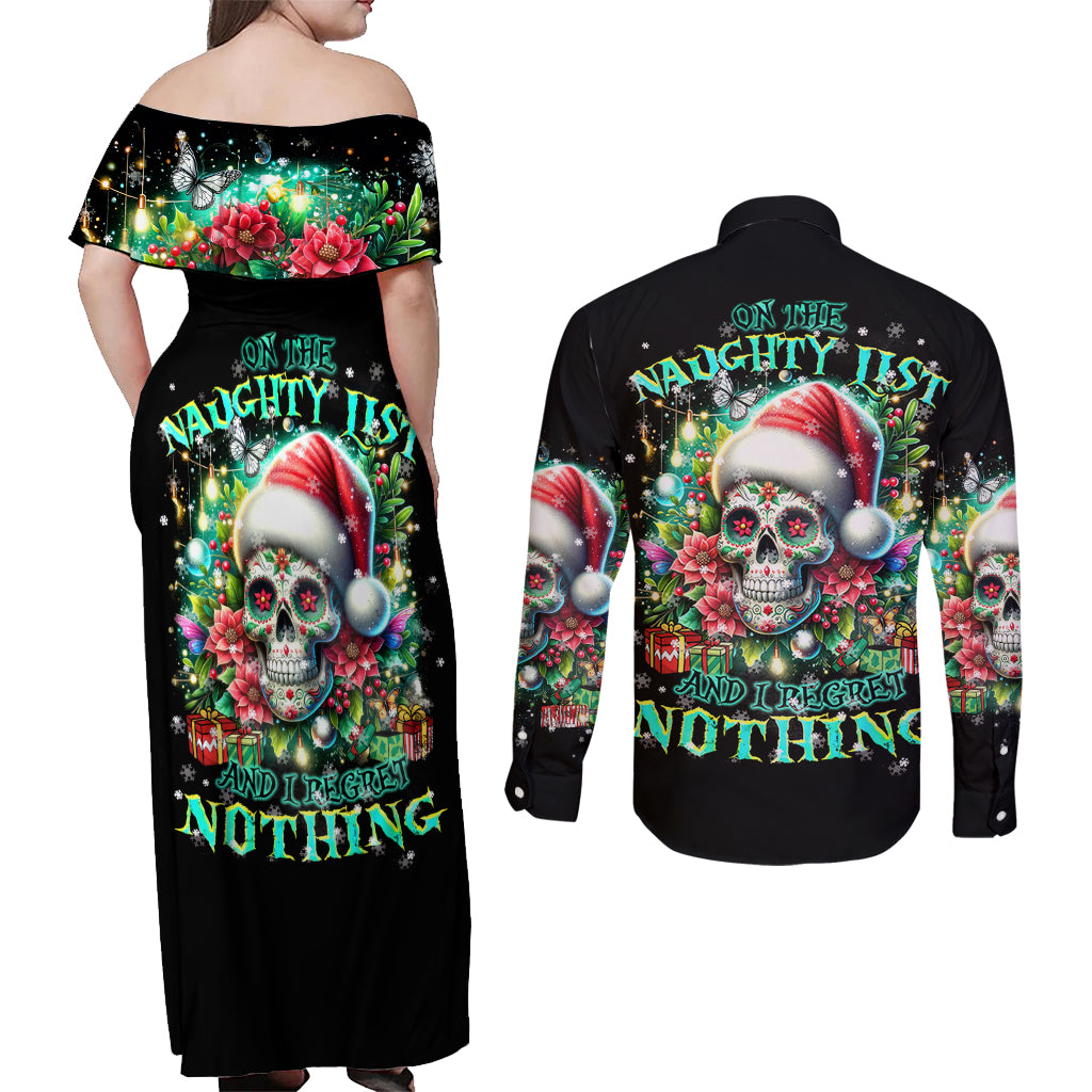 Christmas Skull Couples Matching Off Shoulder Maxi Dress and Long Sleeve Button Shirt On The Naughty List I Regret Nothing - Wonder Print Shop