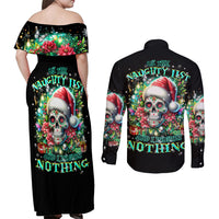 Christmas Skull Couples Matching Off Shoulder Maxi Dress and Long Sleeve Button Shirt On The Naughty List I Regret Nothing - Wonder Print Shop
