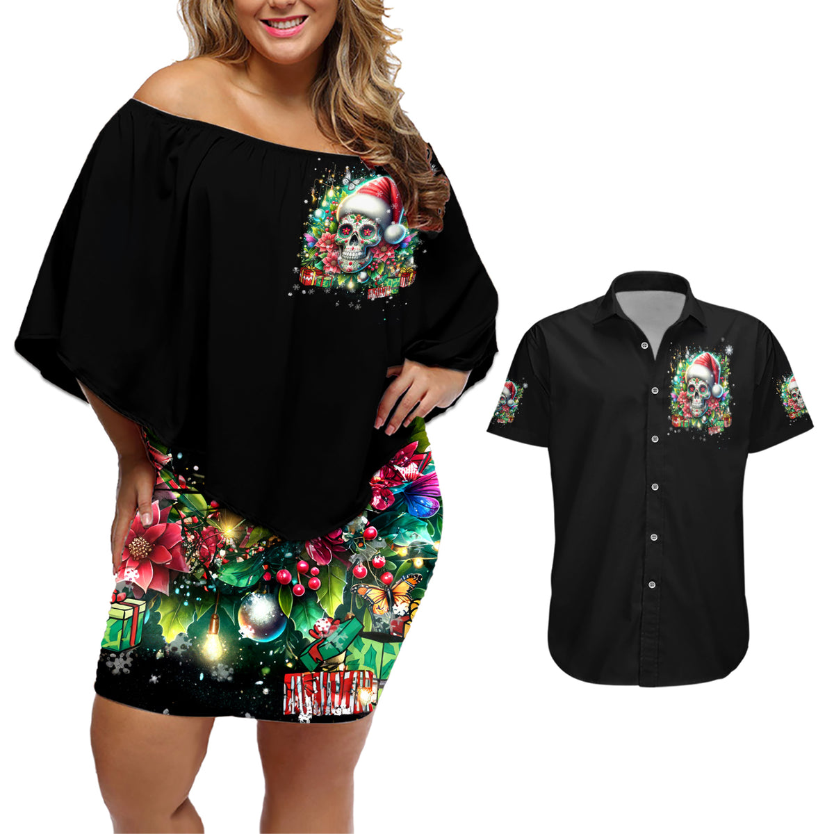 Christmas Skull Couples Matching Off Shoulder Short Dress and Hawaiian Shirt On The Naughty List I Regret Nothing - Wonder Print Shop