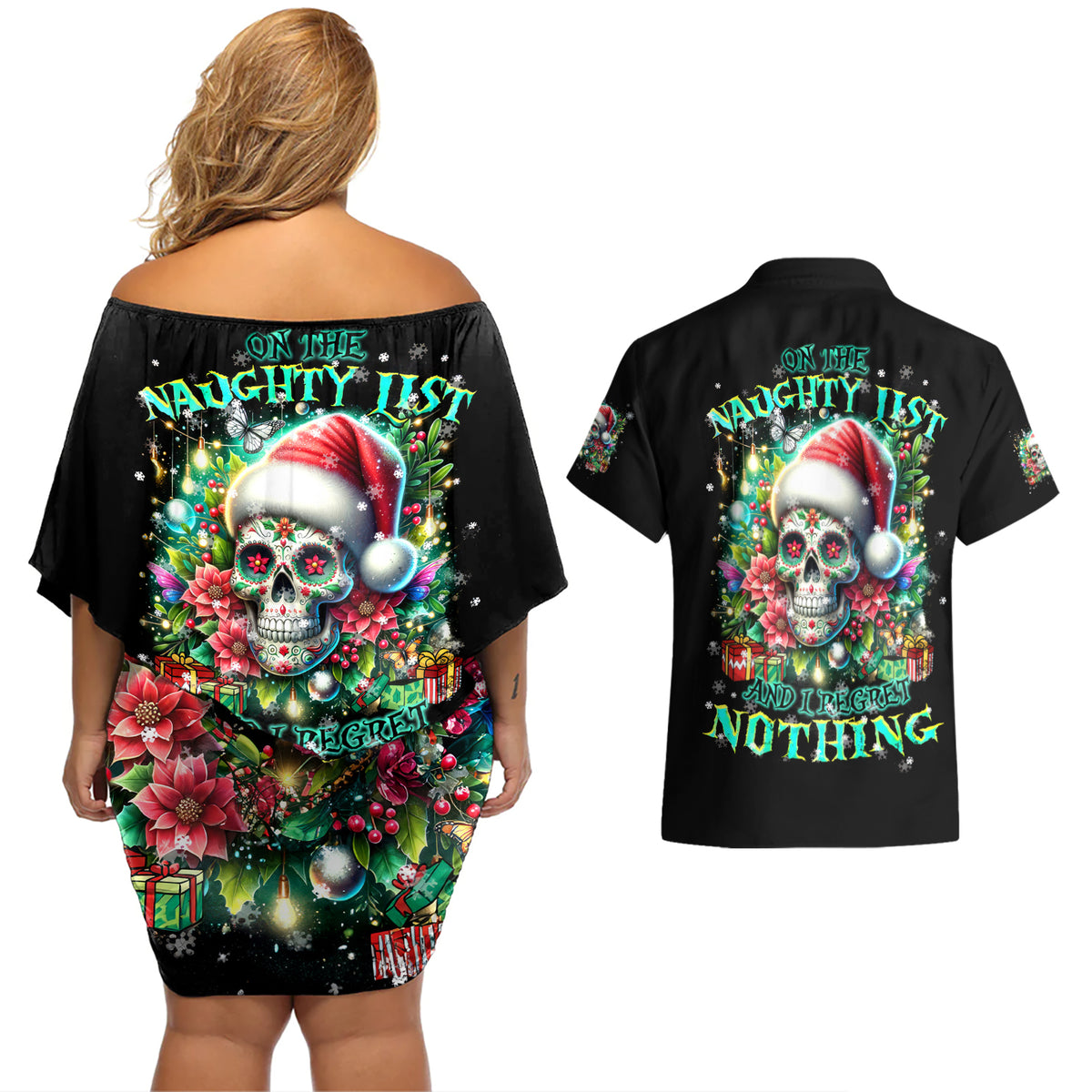 Christmas Skull Couples Matching Off Shoulder Short Dress and Hawaiian Shirt On The Naughty List I Regret Nothing - Wonder Print Shop
