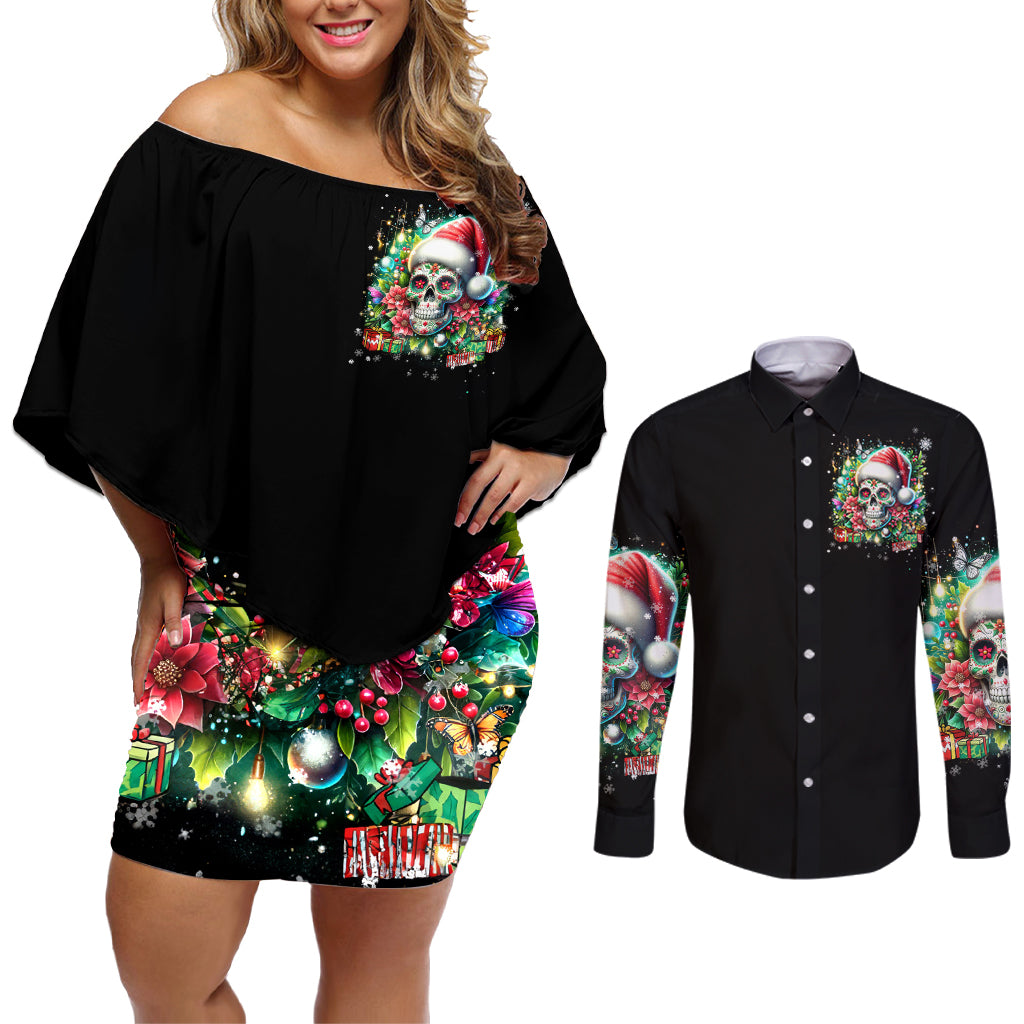 Christmas Skull Couples Matching Off Shoulder Short Dress and Long Sleeve Button Shirt On The Naughty List I Regret Nothing - Wonder Print Shop