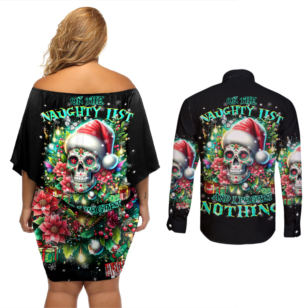 Christmas Skull Couples Matching Off Shoulder Short Dress and Long Sleeve Button Shirt On The Naughty List I Regret Nothing - Wonder Print Shop