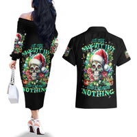 Christmas Skull Couples Matching Off The Shoulder Long Sleeve Dress and Hawaiian Shirt On The Naughty List I Regret Nothing - Wonder Print Shop