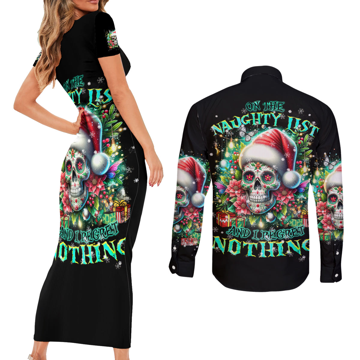 Christmas Skull Couples Matching Short Sleeve Bodycon Dress and Long Sleeve Button Shirt On The Naughty List I Regret Nothing - Wonder Print Shop