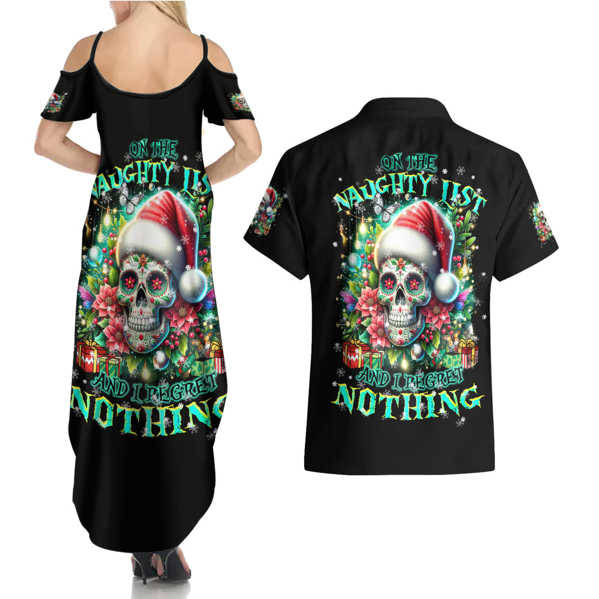 Christmas Skull Couples Matching Summer Maxi Dress and Hawaiian Shirt On The Naughty List I Regret Nothing - Wonder Print Shop