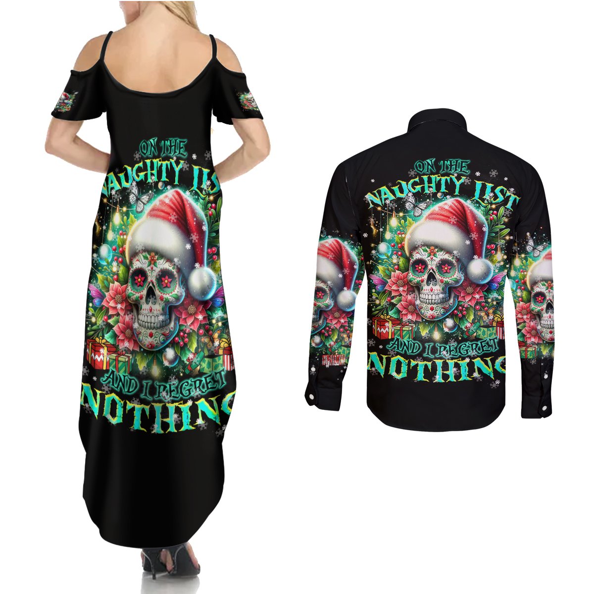 Christmas Skull Couples Matching Summer Maxi Dress and Long Sleeve Button Shirt On The Naughty List I Regret Nothing - Wonder Print Shop
