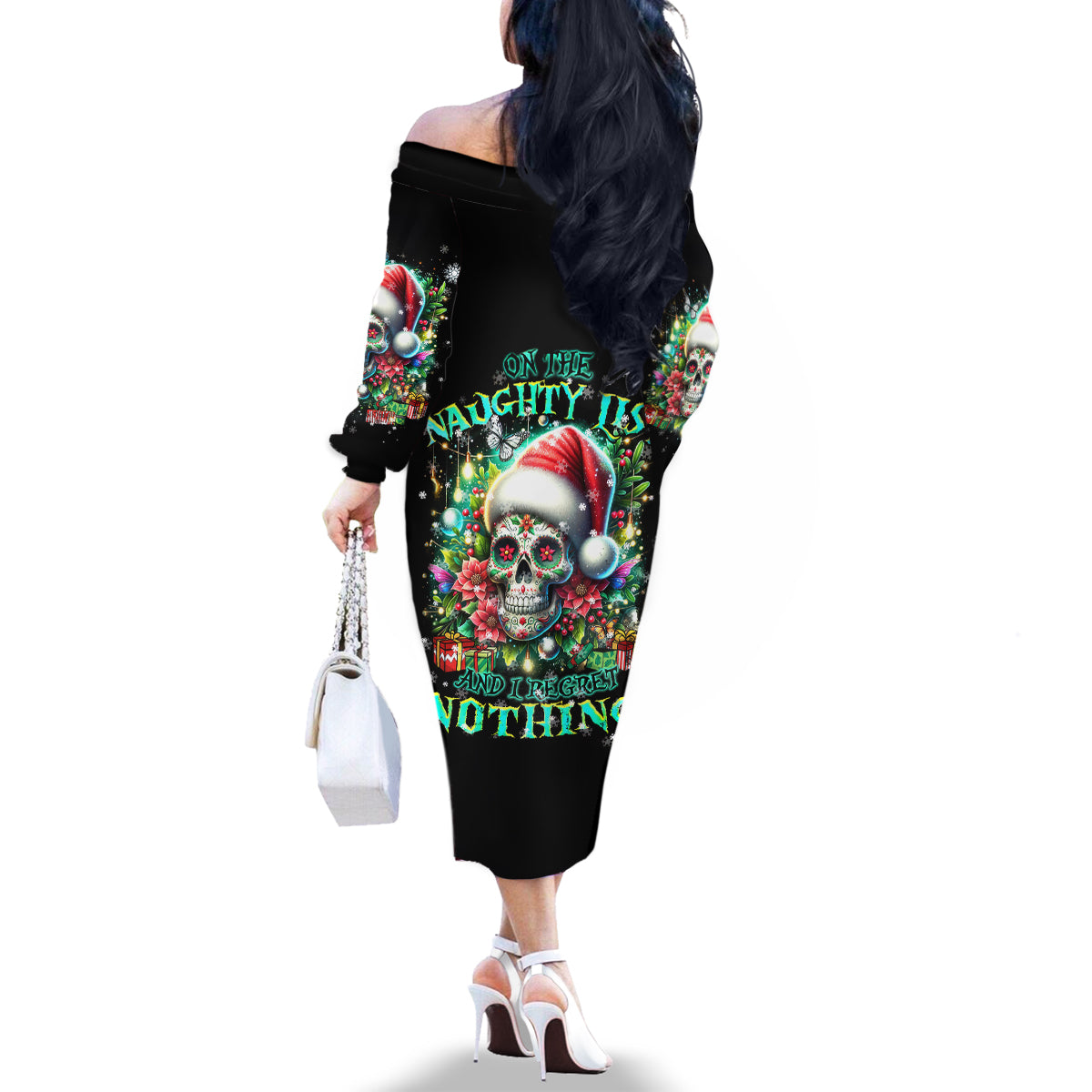 Christmas Skull Family Matching Off Shoulder Long Sleeve Dress and Hawaiian Shirt On The Naughty List I Regret Nothing - Wonder Print Shop