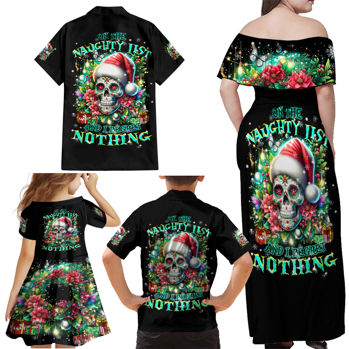 Christmas Skull Family Matching Off Shoulder Maxi Dress and Hawaiian Shirt On The Naughty List I Regret Nothing - Wonder Print Shop