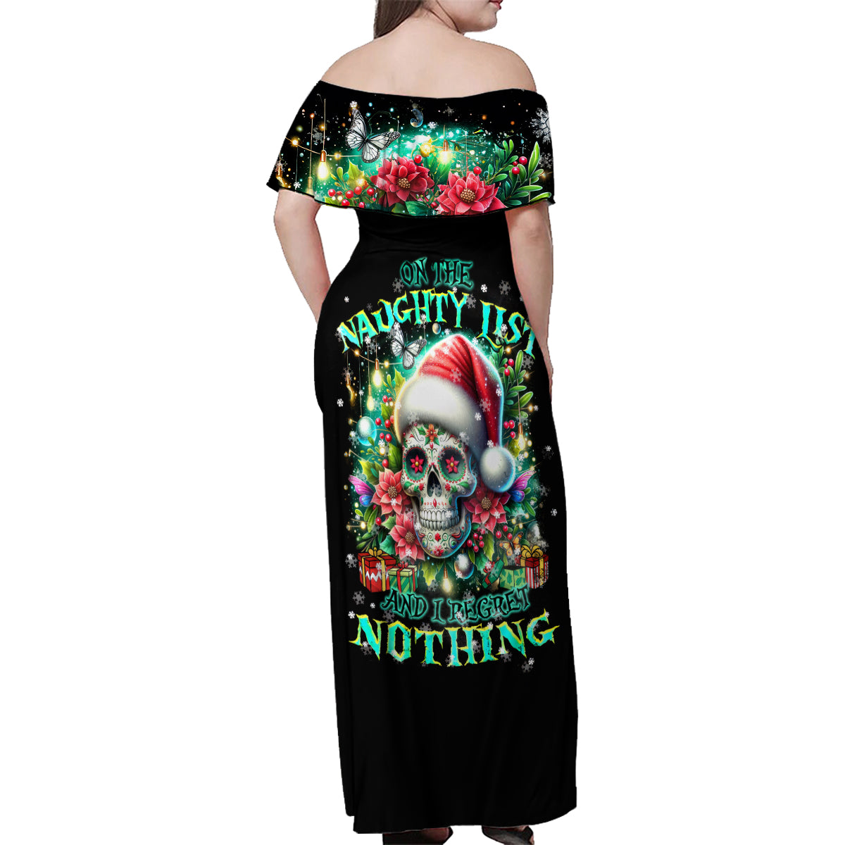 Christmas Skull Family Matching Off Shoulder Maxi Dress and Hawaiian Shirt On The Naughty List I Regret Nothing - Wonder Print Shop