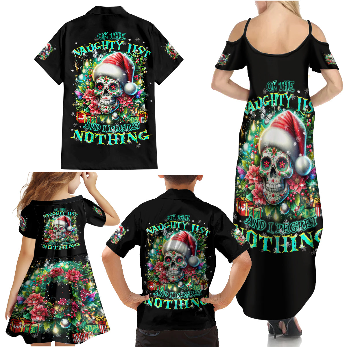 Christmas Skull Family Matching Summer Maxi Dress and Hawaiian Shirt On The Naughty List I Regret Nothing - Wonder Print Shop