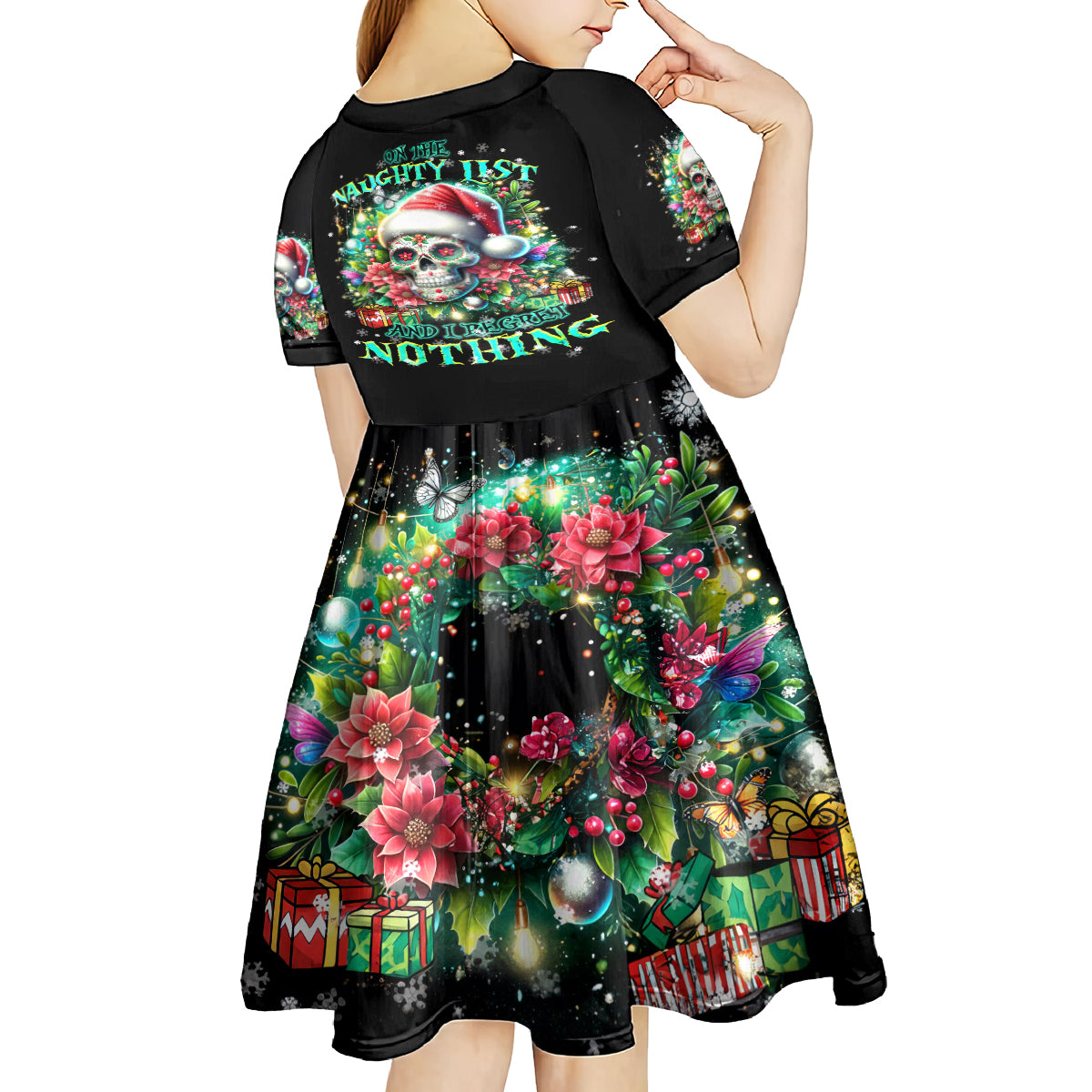 Christmas Skull Kid Short Sleeve Dress On The Naughty List I Regret Nothing - Wonder Print Shop